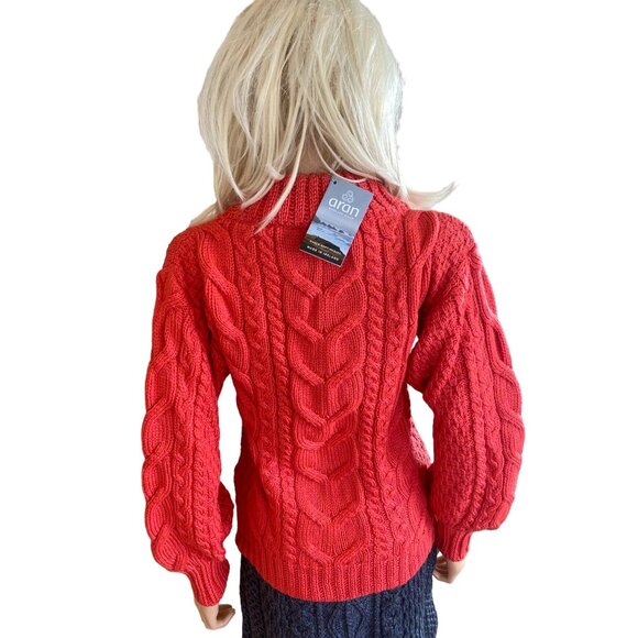 NWT Aran Woollen Mills Red Cable-knit Crew Neck Merino Sweater S Balloon Sleeves - Picture 5 of 14